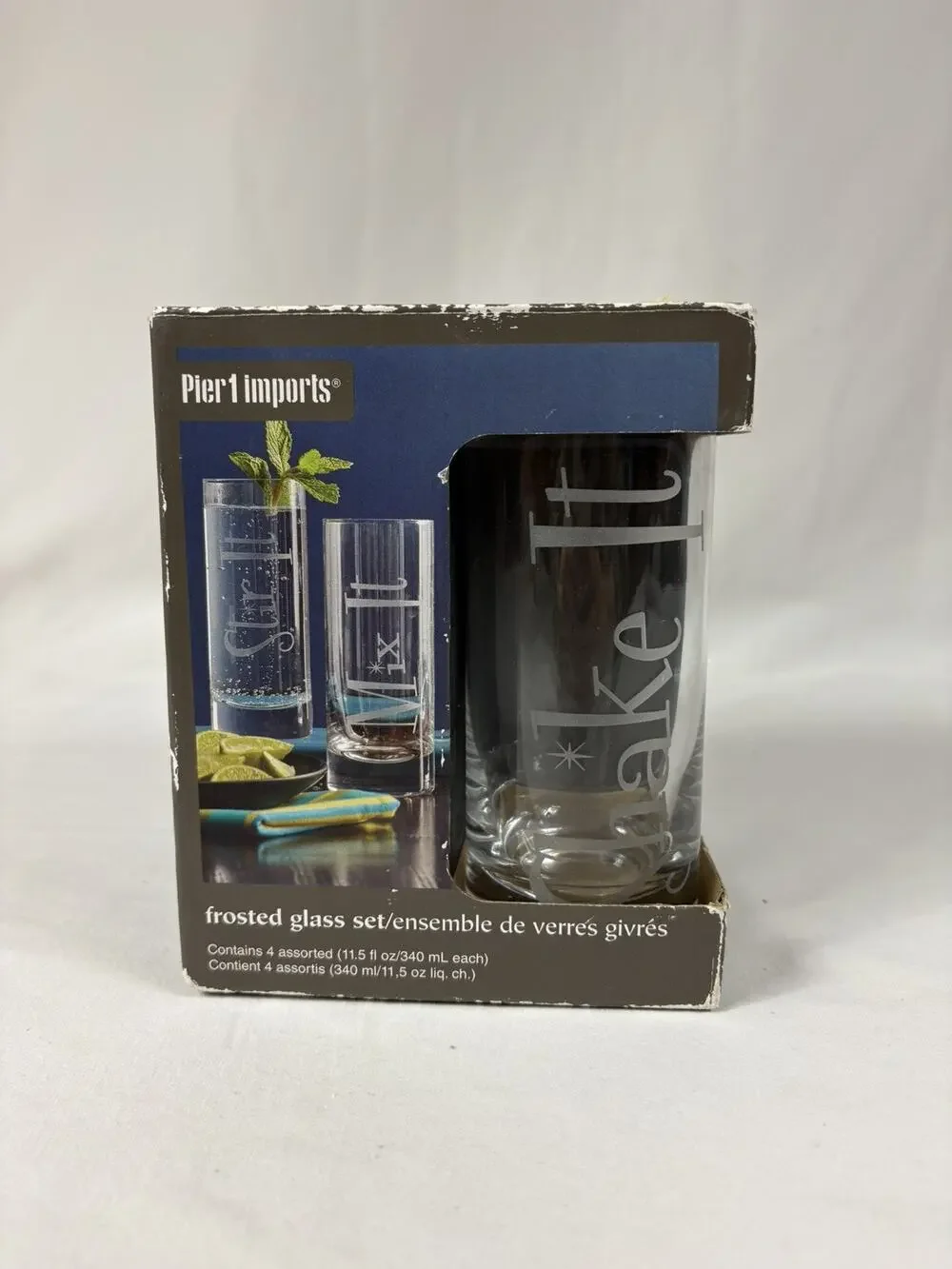 Pier 1 Frosted 11.5 oz Highball Cocktail Glasses Set Etched STIR SWIRL MIX SHAKE